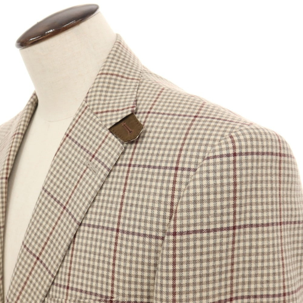 【中古】ダックス DAKS ウールシルクカシミヤ チェック エルボーパッチ 2B カジュアルジャケット ベージュ系xグレー【サイズAB5】【 状態ランクB 】【 メンズ 】