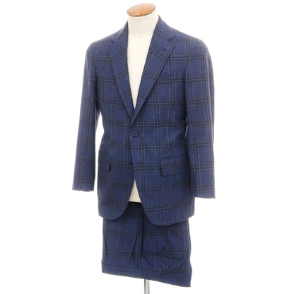 【中古】デペトリロ DE PETRILLO ウールシルクリネン チェック 3つボタンスーツ ネイビーxブラック【サイズ46 Drop7】【 状態ランクC 】【 メンズ 】