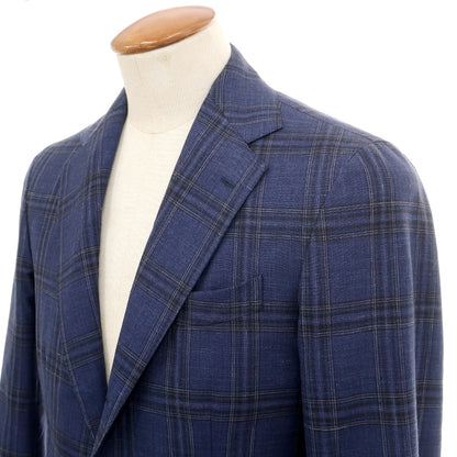 【中古】デペトリロ DE PETRILLO ウールシルクリネン チェック 3つボタンスーツ ネイビーxブラック【サイズ46 Drop7】【 状態ランクC 】【 メンズ 】
