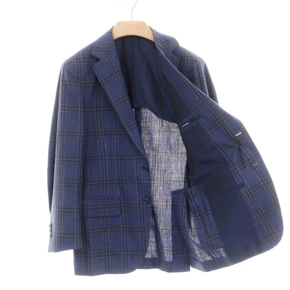 【中古】デペトリロ DE PETRILLO ウールシルクリネン チェック 3つボタンスーツ ネイビーxブラック【サイズ46 Drop7】【 状態ランクC 】【 メンズ 】