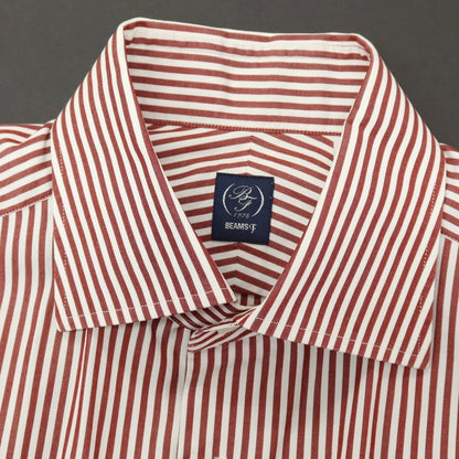 【中古】ビームスエフ BEAMS F コットン ストライプ セミワイドカラー ドレスシャツ ボルドーxホワイト【サイズ38】【 状態ランクC 】【 メンズ 】