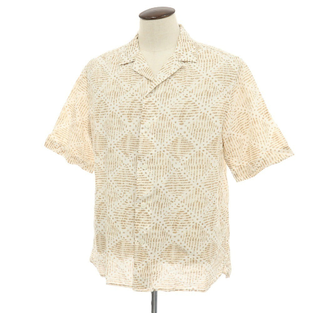 【中古】バナナリパブリック Banana Republic リネンコットン 総柄 プリント オープンカラー 半袖シャツ ホワイトxブラウン【サイズL】【 状態ランクB 】【 メンズ 】
