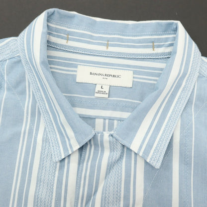 【中古】バナナリパブリック Banana Republic コットンポリエステル ストライプ オープンカラー 半袖シャツ ライトブルーxホワイト【サイズL】【 状態ランクB 】【 メンズ 】