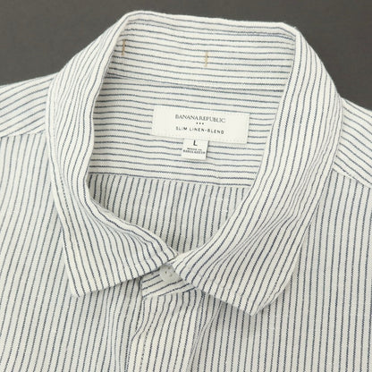 【中古】バナナリパブリック Banana Republic リネンコットン ストライプ 半袖シャツ ホワイトxネイビー【サイズL】【 状態ランクB 】【 メンズ 】