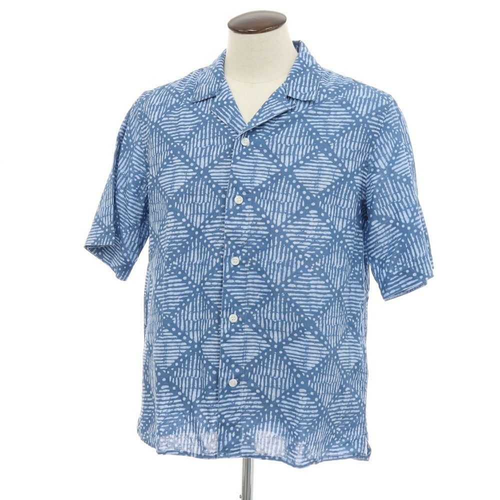 【中古】バナナリパブリック Banana Republic リネンコットン 総柄 プリント オープンカラー 半袖シャツ ブルー系【サイズL】【 状態ランクB 】【 メンズ 】