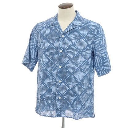 【中古】バナナリパブリック Banana Republic リネンコットン 総柄 プリント オープンカラー 半袖シャツ ブルー系【サイズL】【 状態ランクB 】【 メンズ 】