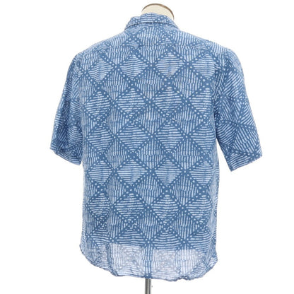 【中古】バナナリパブリック Banana Republic リネンコットン 総柄 プリント オープンカラー 半袖シャツ ブルー系【サイズL】【 状態ランクB 】【 メンズ 】