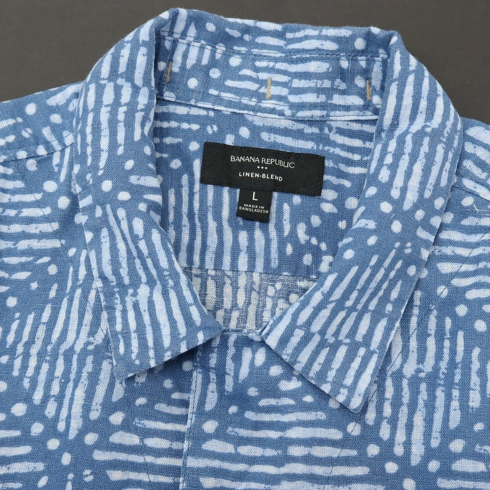 【中古】バナナリパブリック Banana Republic リネンコットン 総柄 プリント オープンカラー 半袖シャツ ブルー系【サイズL】【 状態ランクB 】【 メンズ 】