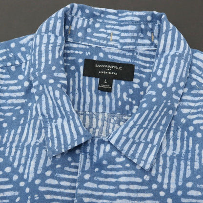 【中古】バナナリパブリック Banana Republic リネンコットン 総柄 プリント オープンカラー 半袖シャツ ブルー系【サイズL】【 状態ランクB 】【 メンズ 】