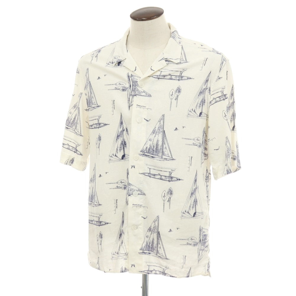 【中古】バナナリパブリック Banana Republic リネンレーヨン 総柄 プリント オープンカラー 半袖シャツ オフホワイトxネイビー【サイズL】【 状態ランクB 】【 メンズ 】