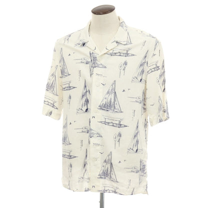 【中古】バナナリパブリック Banana Republic リネンレーヨン 総柄 プリント オープンカラー 半袖シャツ オフホワイトxネイビー【サイズL】【 状態ランクB 】【 メンズ 】