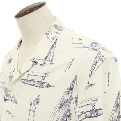 【中古】バナナリパブリック Banana Republic リネンレーヨン 総柄 プリント オープンカラー 半袖シャツ オフホワイトxネイビー【サイズL】【 状態ランクB 】【 メンズ 】