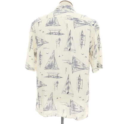 【中古】バナナリパブリック Banana Republic リネンレーヨン 総柄 プリント オープンカラー 半袖シャツ オフホワイトxネイビー【サイズL】【 状態ランクB 】【 メンズ 】
