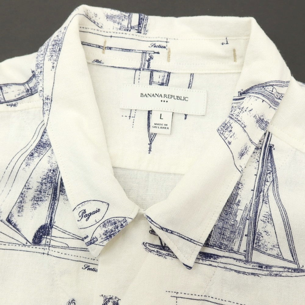 【中古】バナナリパブリック Banana Republic リネンレーヨン 総柄 プリント オープンカラー 半袖シャツ オフホワイトxネイビー【サイズL】【 状態ランクB 】【 メンズ 】