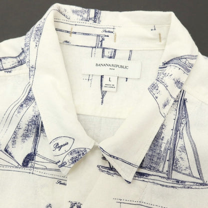 【中古】バナナリパブリック Banana Republic リネンレーヨン 総柄 プリント オープンカラー 半袖シャツ オフホワイトxネイビー【サイズL】【 状態ランクB 】【 メンズ 】