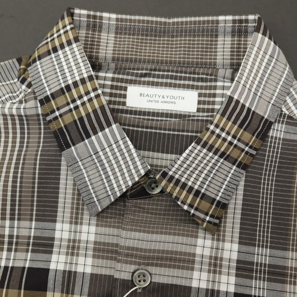 【中古】【未使用】ビューティアンドユースユナイテッドアローズ BEAUTY&amp;YOUTH UNITED ARROWS コットン チェック 半袖シャツ ウォームグレーxアッシュブラウン【サイズM】【 状態ランクS 】【 メンズ 】
