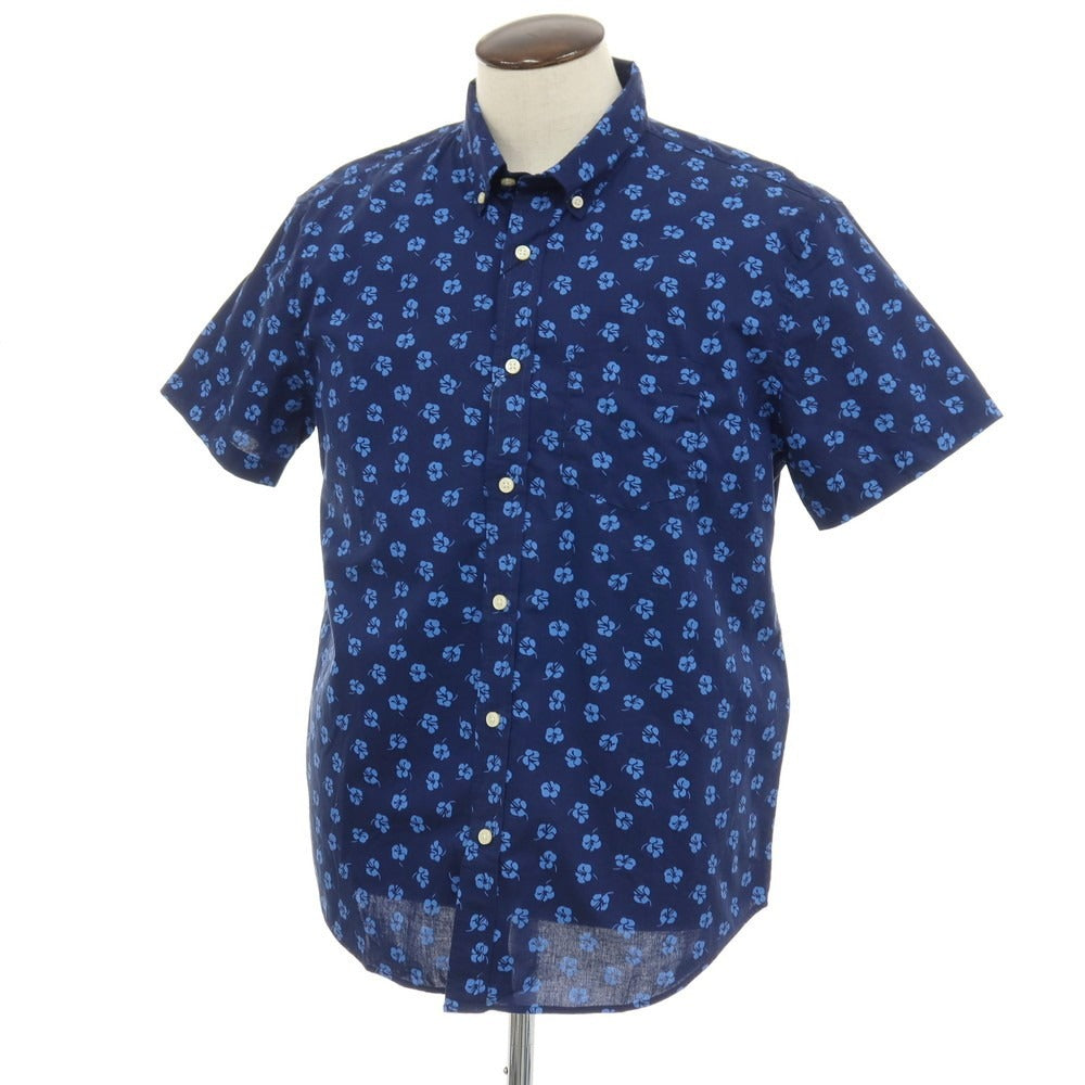 【中古】【未使用】バナナリパブリック Banana Republic コットン 花柄 フラワー プリント ボタンダウン 半袖シャツ ネイビーxブルー【サイズL】【 状態ランクS 】【 メンズ 】