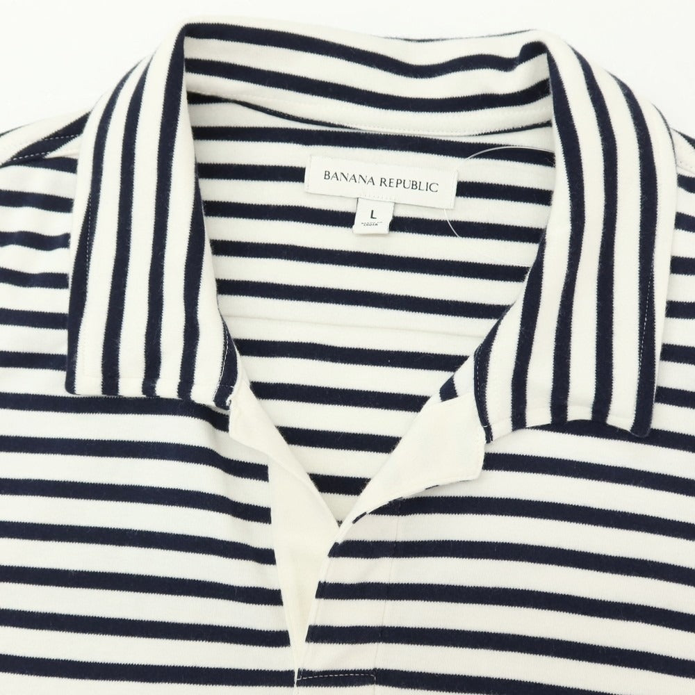 【中古】バナナリパブリック Banana Republic コットン ボーダー スキッパー 半袖ポロシャツ ネイビーxホワイト【サイズL】【 状態ランクB 】【 メンズ 】