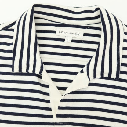 【中古】バナナリパブリック Banana Republic コットン ボーダー スキッパー 半袖ポロシャツ ネイビーxホワイト【サイズL】【 状態ランクB 】【 メンズ 】