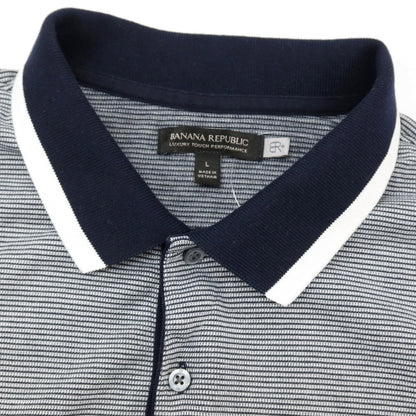 【中古】バナナリパブリック Banana Republic コットン ボーダー 半袖ポロシャツ ネイビーxホワイト【サイズL】【 状態ランクB 】【 メンズ 】
