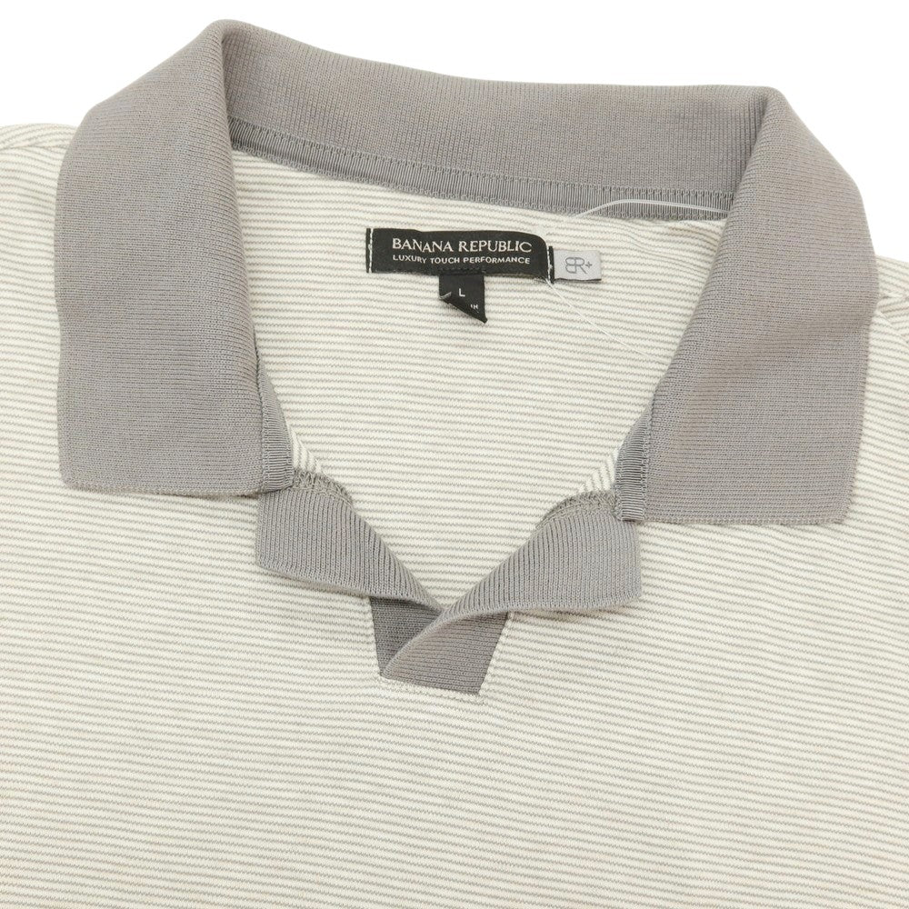 【中古】バナナリパブリック Banana Republic コットン ボーダー スキッパー 半袖ポロシャツ グレーxホワイト【サイズL】【 状態ランクB 】【 メンズ 】