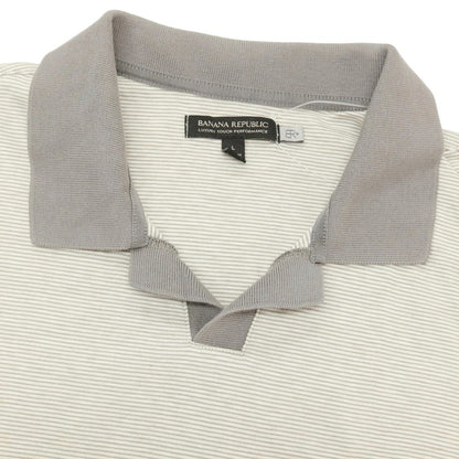 【中古】バナナリパブリック Banana Republic コットン ボーダー スキッパー 半袖ポロシャツ グレーxホワイト【サイズL】【 状態ランクB 】【 メンズ 】