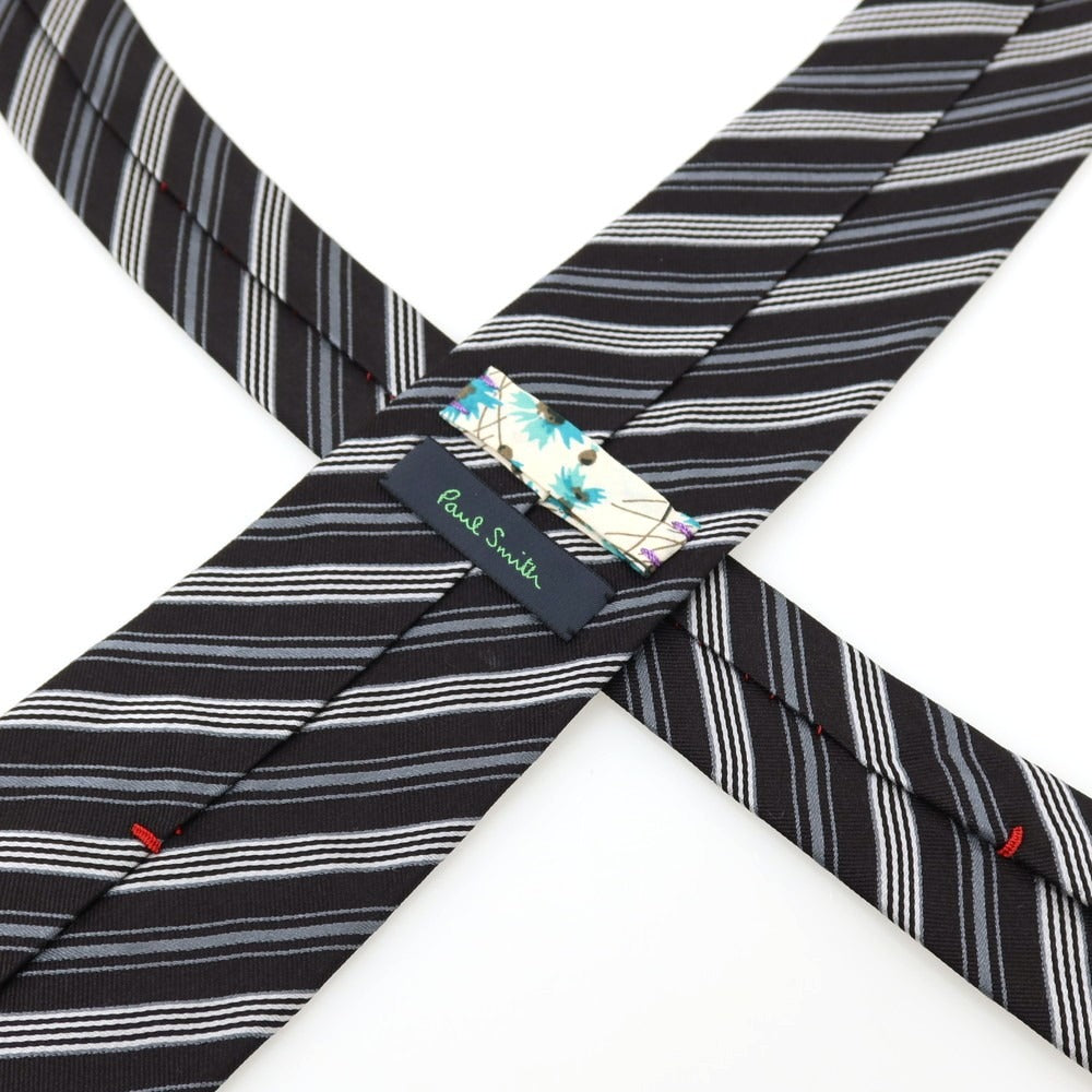 【中古】ポールスミス Paul Smith シルク ストライプ柄ネクタイ ブラックxグレー【 状態ランクC 】【 メンズ 】