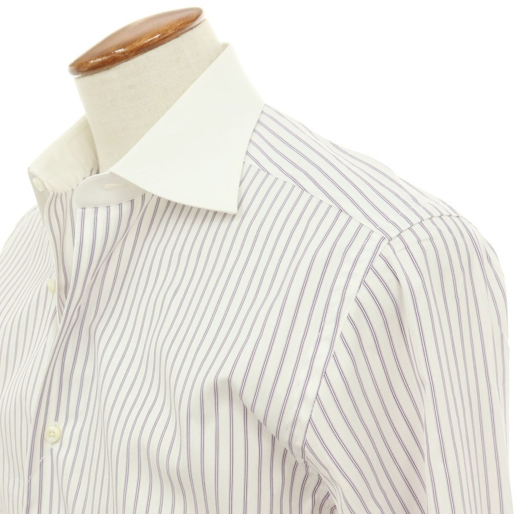 【中古】エルメネジルドゼニア Ermenegildo Zegna コットン ストライプ クレリック レギュラーカラー ドレスシャツ ホワイトxパープル【サイズ39】【 状態ランクC 】【 メンズ 】
