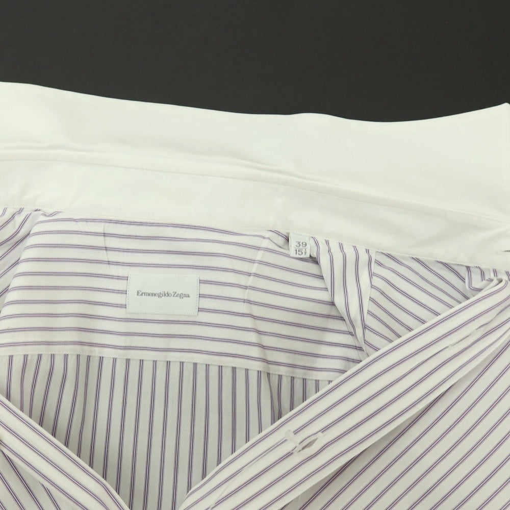 【中古】エルメネジルドゼニア Ermenegildo Zegna コットン ストライプ クレリック レギュラーカラー ドレスシャツ ホワイトxパープル【サイズ39】【 状態ランクC 】【 メンズ 】