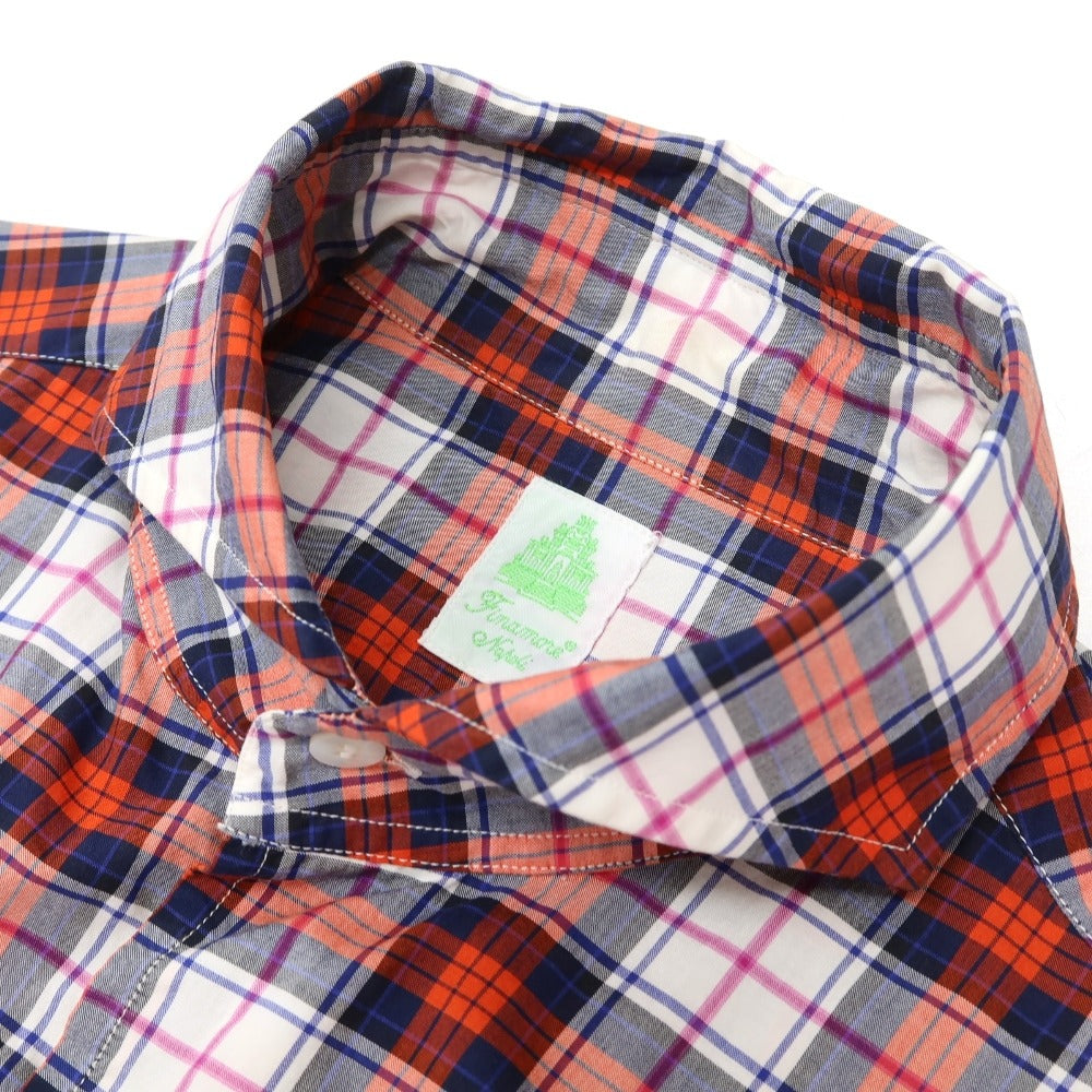 【中古】フィナモレ Finamore コットン チェック カッタウェイ カジュアルシャツ ホワイトxオレンジ【サイズM】【 状態ランクC 】【 メンズ 】