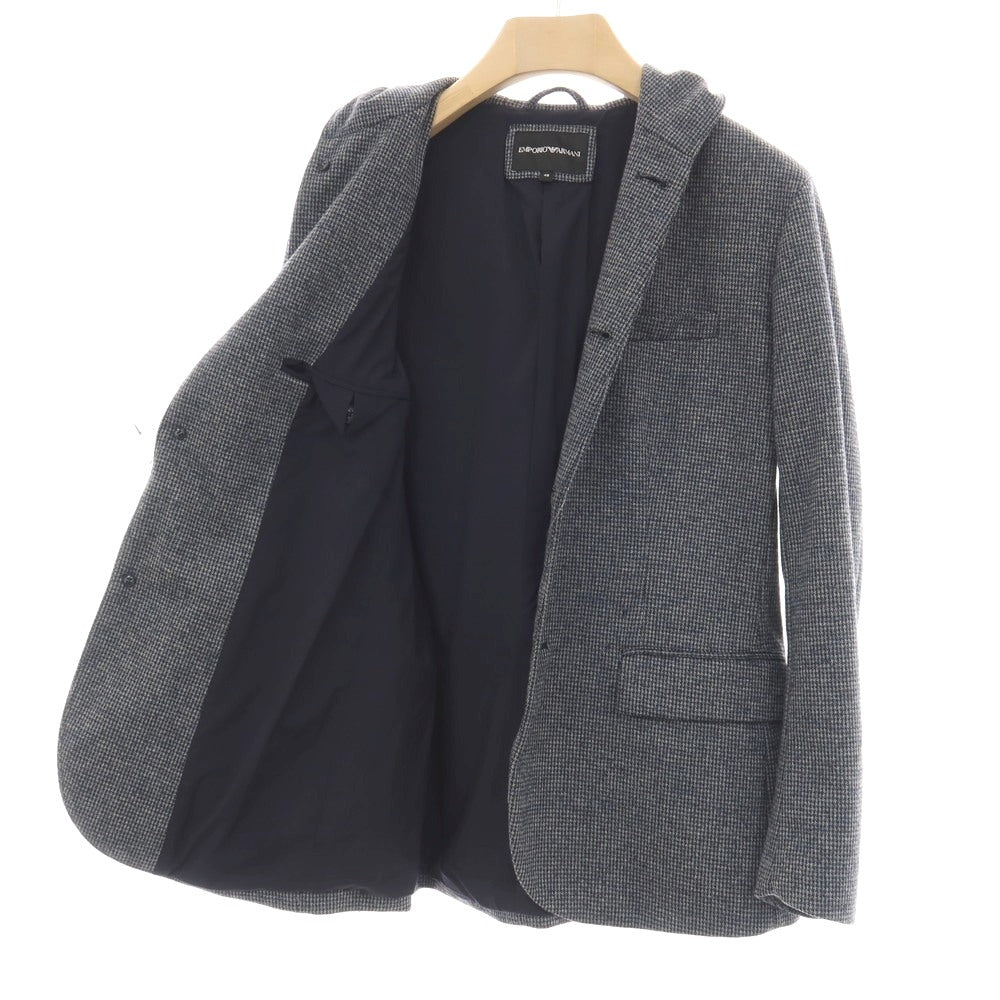 【中古】エンポリオ アルマーニ EMPORIO ARMANI ウール混 ハウンドトゥース 手裏剣千鳥 フード付き カジュアルジャケット グレーxネイビー【サイズ48】【 状態ランクB 】【 メンズ 】