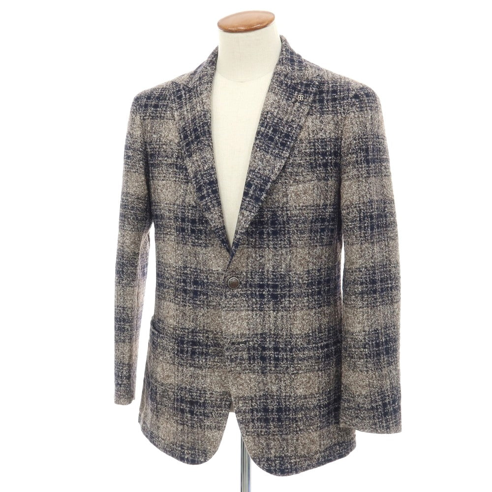 【中古】タリアトーレ TAGLIATORE ウールシルクポリエステル チェック 2B テーラードジャケット ベージュxネイビー【サイズ48】【 状態ランクA 】【 メンズ 】