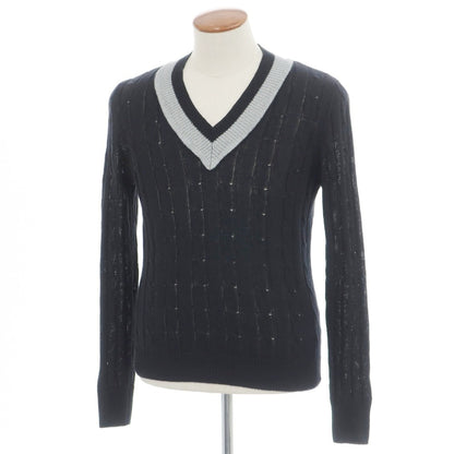 【中古】ミラショーン mila schon リネンコットン ケーブル編み Vネック プルオーバーニット ブラック【サイズ46】【 状態ランクA 】【 メンズ 】