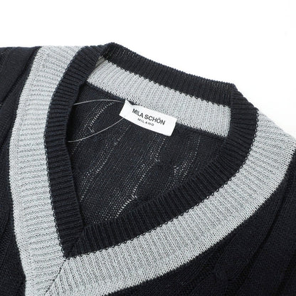 【中古】ミラショーン mila schon リネンコットン ケーブル編み Vネック プルオーバーニット ブラック【サイズ46】【 状態ランクA 】【 メンズ 】