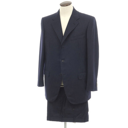 【中古】ベルベスト Belvest ISETAN MEN’S別注 SUPER120’S ウール ストライプ 3つボタンスーツ ネイビーxホワイト【サイズ52 Drop7R】【 状態ランクC 】【 メンズ 】