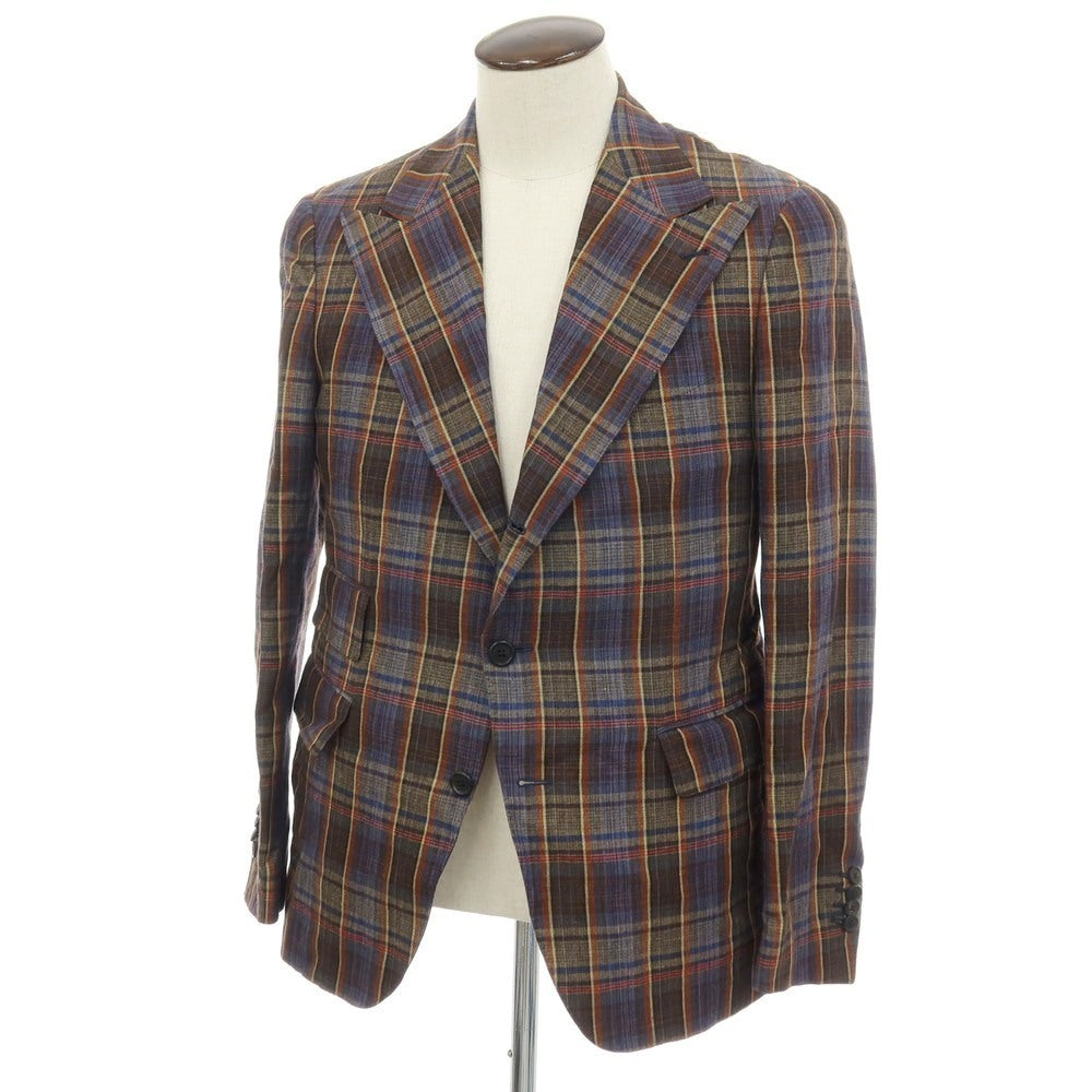 【中古】ガブリエレ パジーニ Gabriele Pasini リネンレーヨンウール チェック 3B テーラードジャケット ブラウンxブルー【サイズ50】【 状態ランクA 】【 メンズ 】