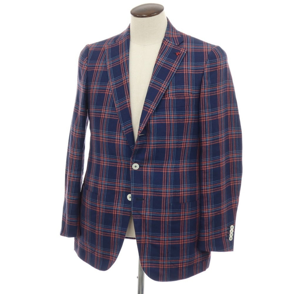 【中古】イザイア ISAIA リネンウール チェック 3B テーラードジャケット ネイビーxピンク【サイズ50】【 状態ランクC 】【 メンズ 】
