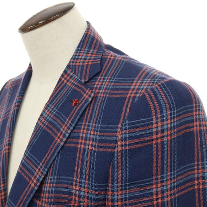 【中古】イザイア ISAIA リネンウール チェック 3B テーラードジャケット ネイビーxピンク【サイズ50】【 状態ランクC 】【 メンズ 】