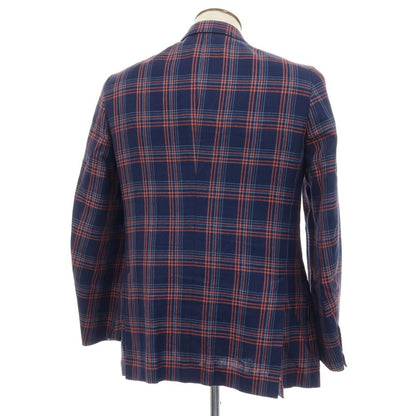 【中古】イザイア ISAIA リネンウール チェック 3B テーラードジャケット ネイビーxピンク【サイズ50】【 状態ランクC 】【 メンズ 】
