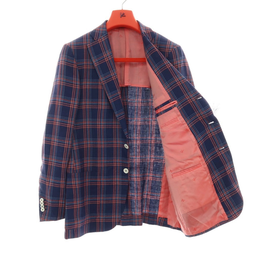 【中古】イザイア ISAIA リネンウール チェック 3B テーラードジャケット ネイビーxピンク【サイズ50】【 状態ランクC 】【 メンズ 】