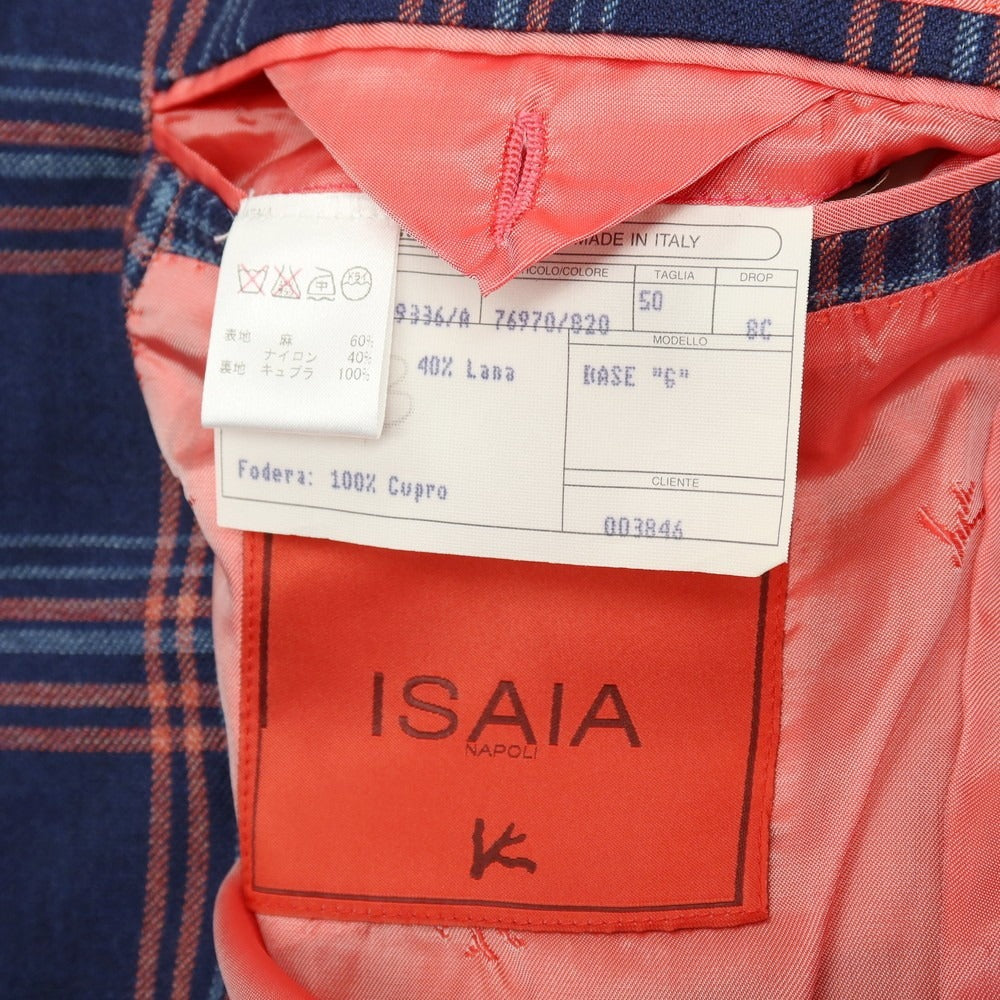 【中古】イザイア ISAIA リネンウール チェック 3B テーラードジャケット ネイビーxピンク【サイズ50】【 状態ランクC 】【 メンズ 】