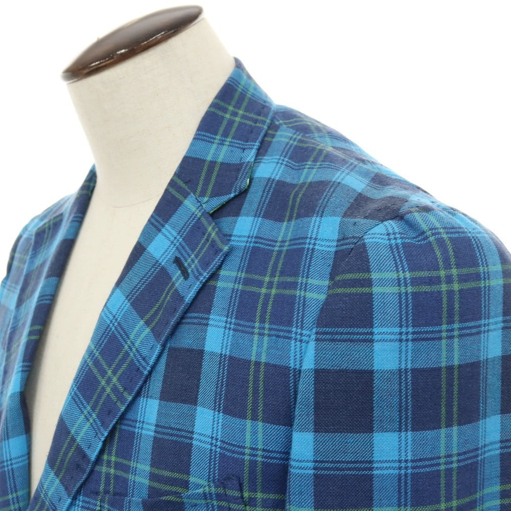 【中古】イザイア ISAIA ウールリネンシルクカシミヤ チェック 2B テーラードジャケット ブルーxネイビー【サイズ48】【 状態ランクB 】【 メンズ 】