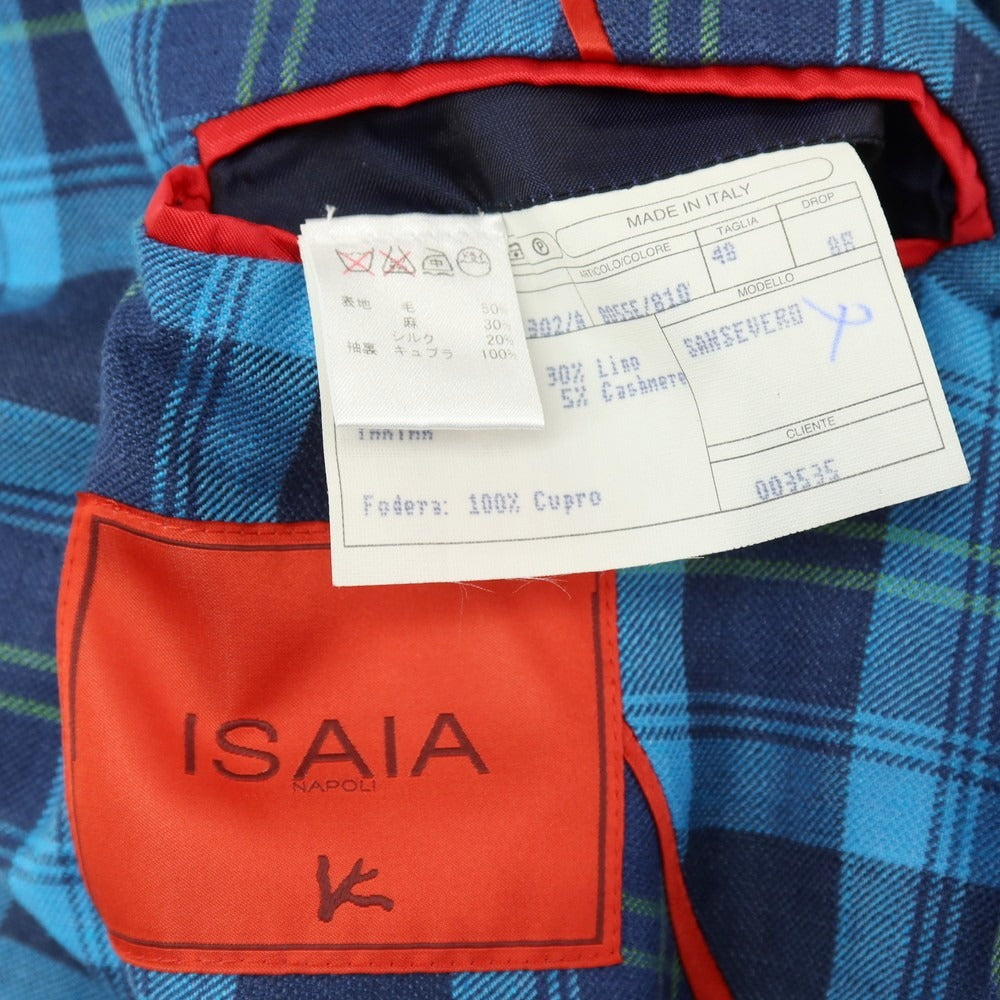 【中古】イザイア ISAIA ウールリネンシルクカシミヤ チェック 2B テーラードジャケット ブルーxネイビー【サイズ48】【 状態ランクB 】【 メンズ 】