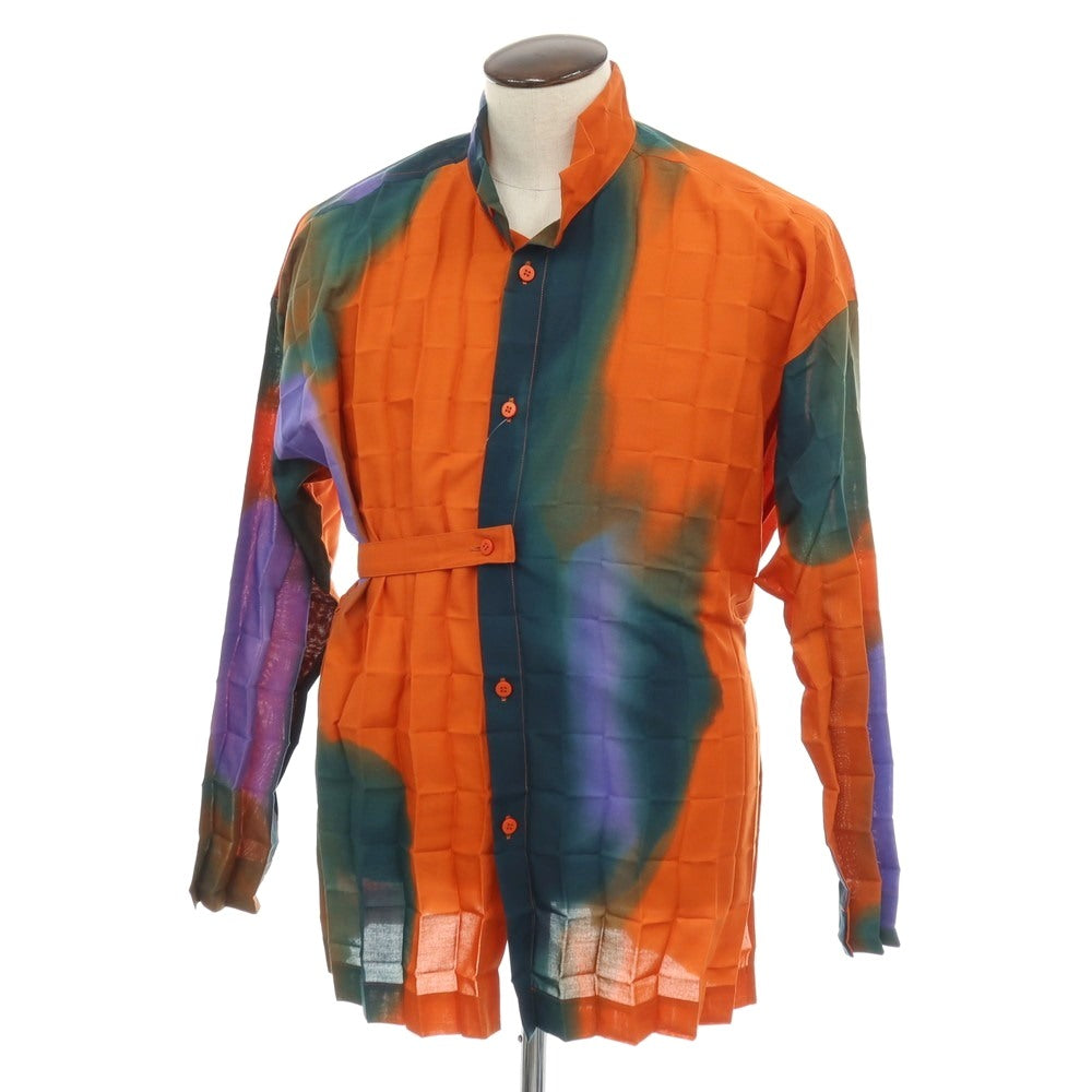 【中古】オム プリッセ イッセイミヤケ HOMME PLISSE ISSEY MIYAKE 2026年春夏 プリーツ スタンドカラー ロング丈シャツ オレンジxグリーン【サイズ表記なし（L位）】【 状態ランクA 】【 メンズ 】