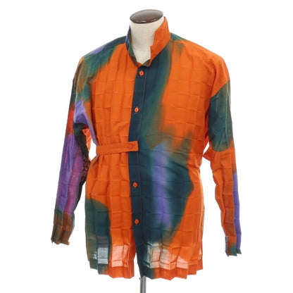 【中古】オム プリッセ イッセイミヤケ HOMME PLISSE ISSEY MIYAKE 2026年春夏 プリーツ スタンドカラー ロング丈シャツ オレンジxグリーン【サイズ表記なし（L位）】【 状態ランクA 】【 メンズ 】