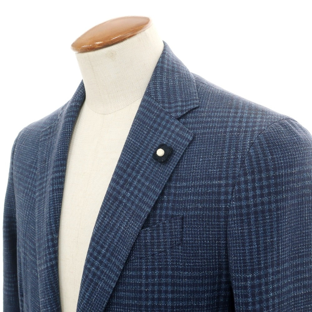 【中古】ラルディーニ LARDINI コットンリネンポリウレタン チェック 3B テーラードジャケット ブルーxネイビー【サイズ46】【 状態ランクB 】【 メンズ 】