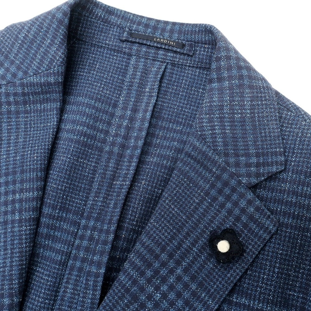【中古】ラルディーニ LARDINI コットンリネンポリウレタン チェック 3B テーラードジャケット ブルーxネイビー【サイズ46】【 状態ランクB 】【 メンズ 】