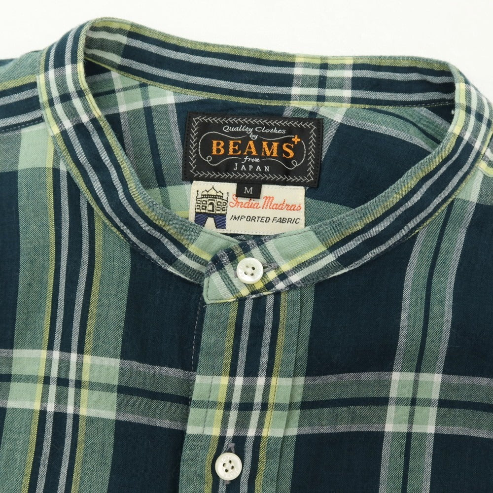 【中古】ビームスプラス BEAMS PLUS コットン チェック バンドカラー プルオーバーシャツ グリーン【サイズM】【 状態ランクB 】【 メンズ 】