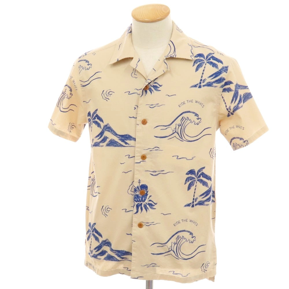 【中古】ヌーディージーンズ Nudie Jeans Arvid Waves Hawaii Shirt 総柄プリント オープンカラー 半袖シャツ ベージュxネイビー【サイズXS】【 状態ランクA 】【 メンズ 】
