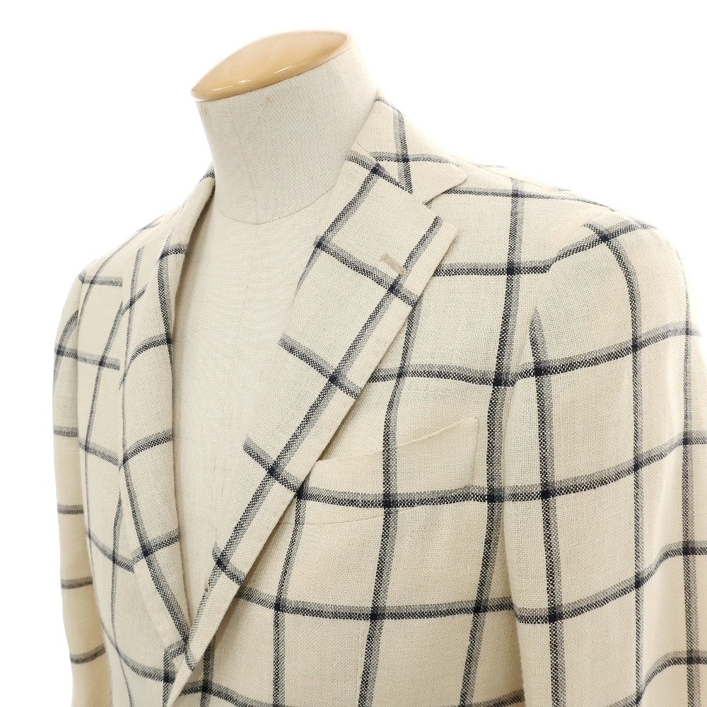 【中古】ビームスエフ BEAMS F シルクリネンウール チェック 3B テーラードジャケット オフホワイトxネイビー【サイズ42】【 状態ランクB 】【 メンズ 】
